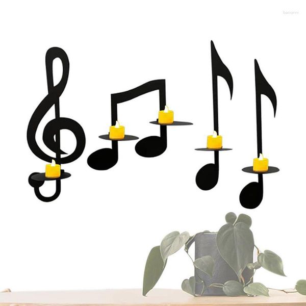 Titulares de vela Black Music Note Art Wall 4 PCs Decorações de Iron Decorações Candlestick para Living Sala Pátio Musical do pátio