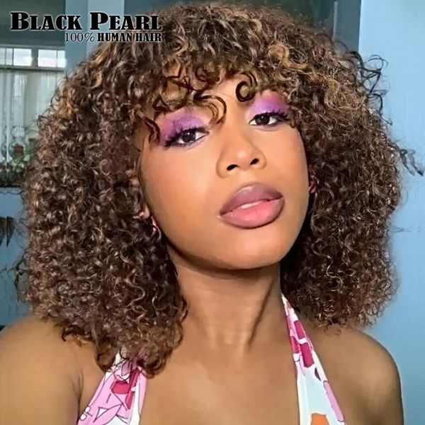 Parrucche sintetiche Jerry Curly Short Short Pixie Bob Cut Wigs Human Hair With Bangs Remy Curly Bob Wigs per donne nere Machine Full Match Made 1B 1B99J 230818