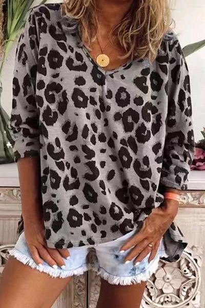 Camicette da donna leopardo marrone split v collo a v maniche lunghe top camicetta donna autunno camicie a morbide magliette femminile harajuku mujer