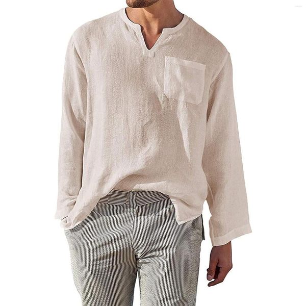 Tamas de linho de camisa de camisetas masculinas com decoração de bolso Casual Casual Color Solid Color V Spring Clothing