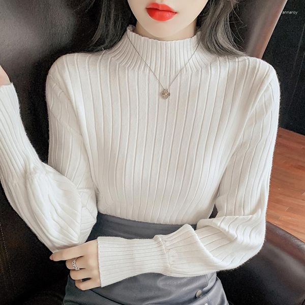 Suéteres femininos pulôver mulheres 2023 outono estilo inverno estilo coreano meio alto colarinho lanterna lanterna listra tricô de camisa de baixo para camisa