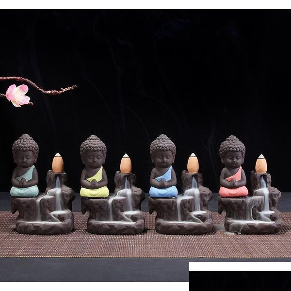 Duftlampen kleiner Buddha Backflow Weihrauch Brenner Purpur Sandmönch Censer Mini Keramik Originalität Ornament Berg Wasser Exqui Otloj