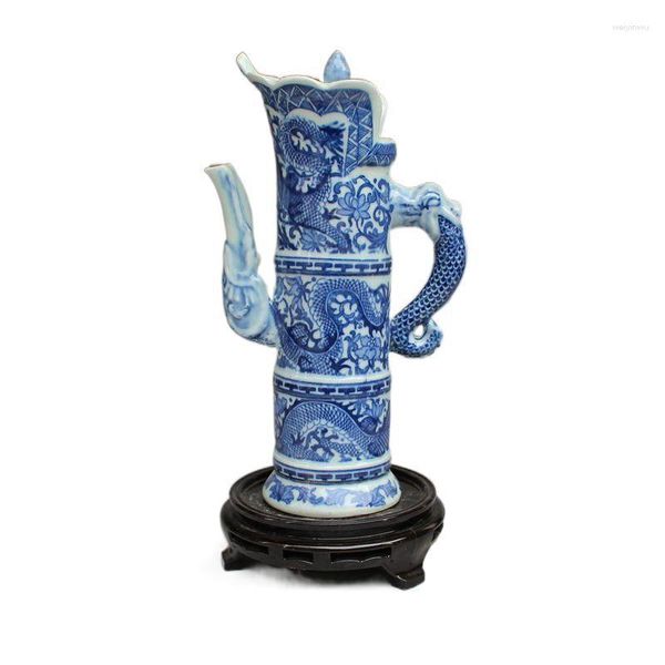 Kalça şişeleri antika procelain porselen cihazı seramik mavi ve beyaz bambu pot su ısıtıcısı ejderha şarabı