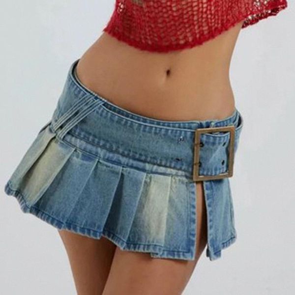 Saias y2k jeans mini doces mulheres chiques de verão saia sexy com cinto de ruffles vintage hip hop moda moda projetada streetwear