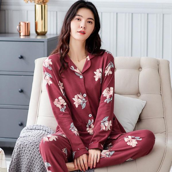 Women's Sleep abbigliamento autunno primavera femminile Cotton Pigjamas Set Nightgown Stampa Floral Pigjamas Suet 2 PCs Summer Home Clothes M-3xl