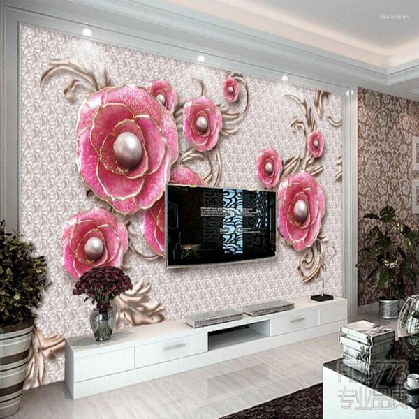 Tapeten Anpassungshintergrund 3D Tapete für Wände Wandbilder po Seiden Wohnzimmer exquisites Rosenschmuck Blumenfernseher