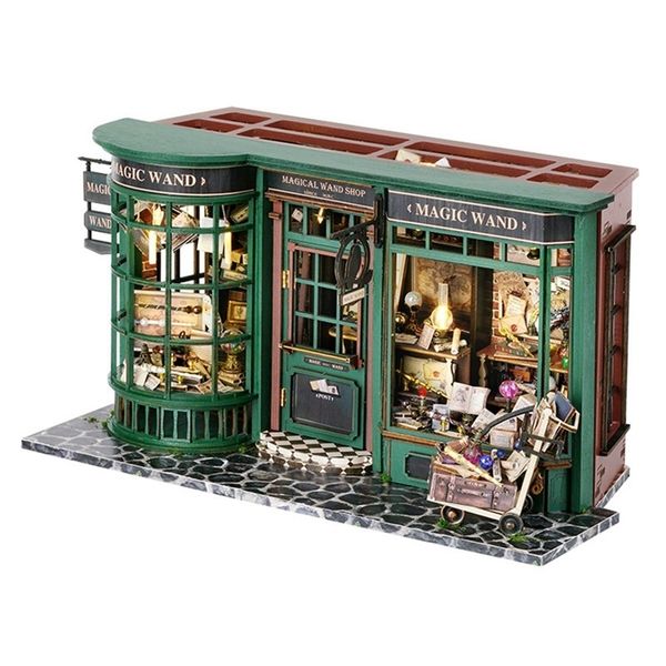 Acessórios para bonecas Diy Wooden Dollhouse com móveis Toy de modelo para crianças para crianças Presente Retro Magic Shop 230818