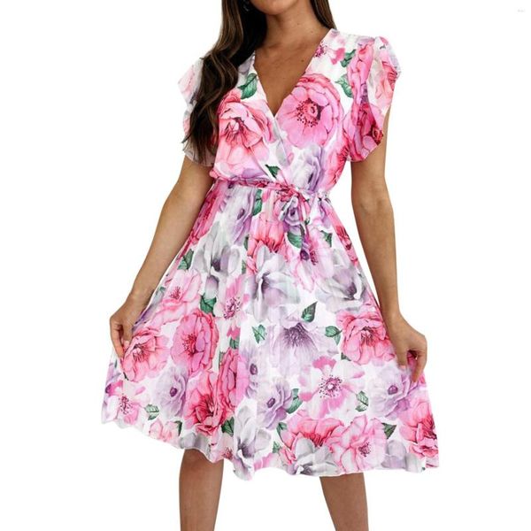 Lässige Kleider für Frauen elegantes Abendkleid floral bedrucktes Flutterhülsenspitzenblumengurt Blumenparty Festliche Falten