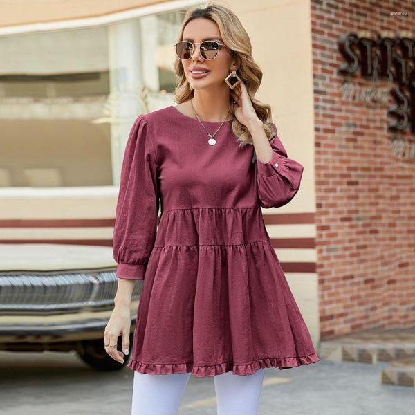 Frauenpullover Frühlingsfrau O Hals Rüschen Spleißen Tops lässig losen losen drei Viertelhülsen Frauen Großer Schwung Burgundergrüner Pullover Top