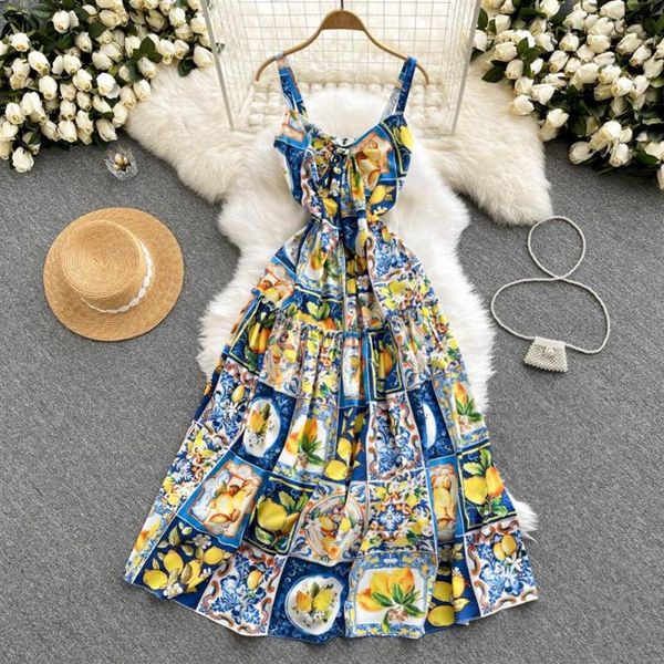 Vestidos casuais de verão Mulheres 2023 Moda Bohemian Long Dresses Férias elegante Sexy Strap Lemon Print Plus Size242r