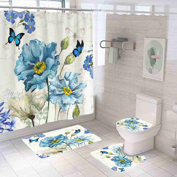 Duschvorhänge Schmetterling große Blumenblau Aquarell Blume gebrochene Blume Badezimmer Duschvorhang Set Bad Matten Teppiche Toilettendeckel Deckte Teppiche Dekor R230821