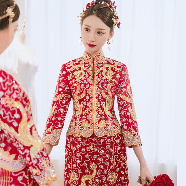 Guangdong ricamato sposa dragone abito phoenix estate xiuhe tuta vestito + gonna da sposa tostato da sposa per il cinese all'estero