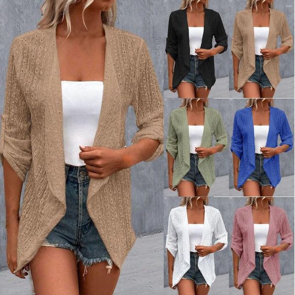 Giacche da donna cardigan a maniche lunghe casual 2023 primavera/estate/autunno gancio cavo fiore solido color fumato trasparente