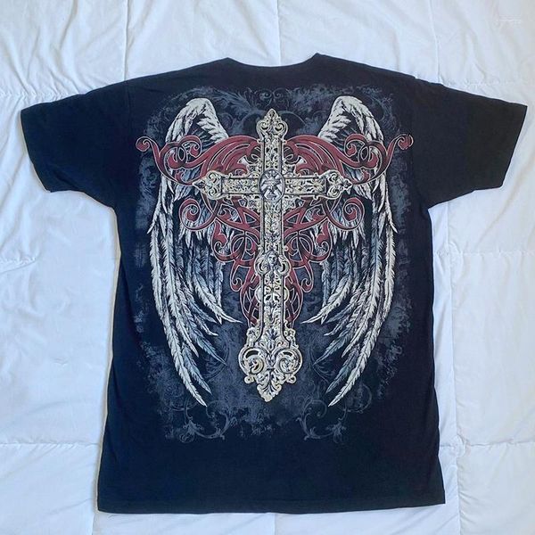 Kadın Tişörtleri Y2K Siber Grunge Çapraz Kanat Baskı T-Shirt E Kız Gotik Alışveriş Merkezi Goth gevşek tişört 90s Vintage Harajuku Kısa Kol Üstü Kadınlar