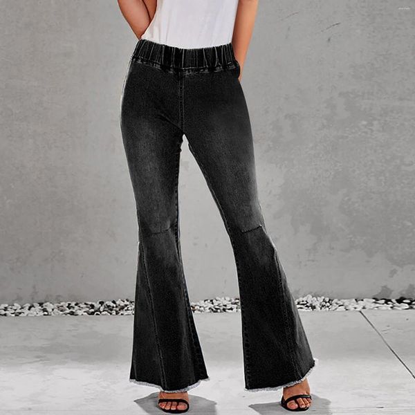 Jeans femininos Moda Moda Lavagem de água alta elástica calça de jeans larada
