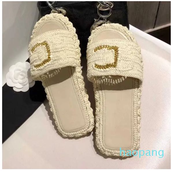 Mulheres chinelas de moda deslizam Raffia Stravo alpargelas interlocking c plataforma sandal bege preto com cordas douradas lâminas