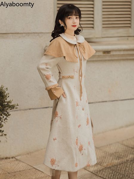 Womens Wool Blends Mori Girl Autumn Winter Women Midi Coat Peter Pan Collar Bordado Floral Coloque Jaqueta Elegante de Lã com Capinho 230818