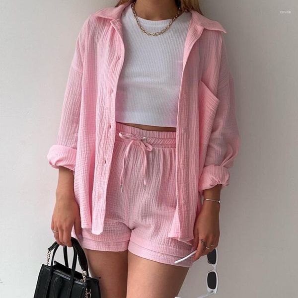 Shorts femininos de verão duas peças conjuntos femininos botão casual algodão de manga longa rosa camisa branca vermelha definida