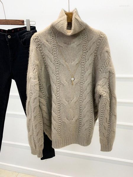 Kadın Sweaters Pembe Burtleneck Twist Cashmere Sweater Kalınlaştırılmış Twisted Kış Hardigan Lüks Sueter Çekme Femme