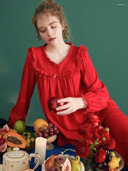 Frauen Nachtwäsche Vintage Soft Cotton Pyjamas Sets für Frauen Langarm Delikate elegante süße Anzüge Frühling Herbst Braut Nachtwäsche