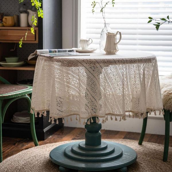 Tischtuch Häkeltischdecke mit Quasten handgefertigt runden hohle Vintage elegante Weichhitze -Isolierung Essabdeckung Küchenversorgungen