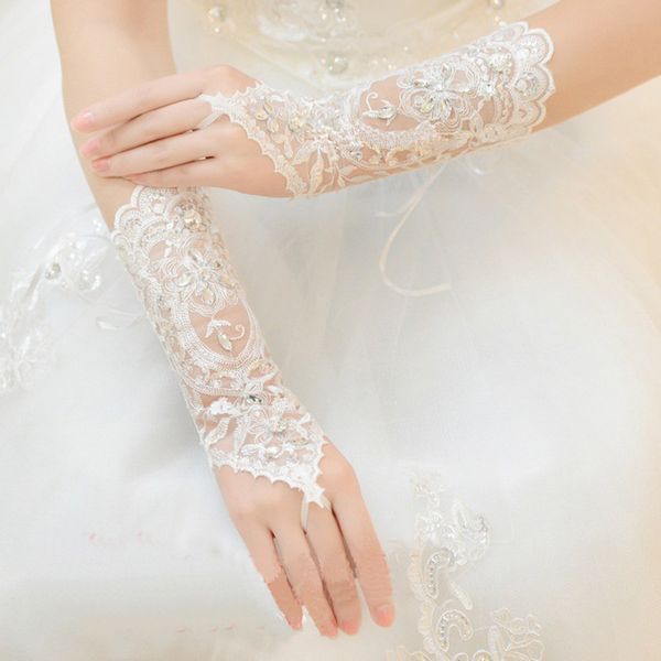 1 paio di guanti nuziali eleganti paragrafo corto strass in pizzo bianco bagliori bellissimi accessori per matrimoni