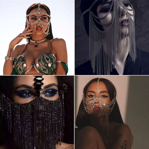 Parti maskeleri bohomia moda püskül peçe maskeleri kadın metal zincir yüz maskesi maskeli balo parti yüz perdesi büyüleyici mücevher 230818