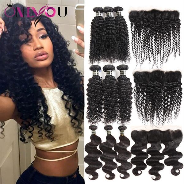 Unverarbeitete brasilianische jungfräuliche menschliche Haare 3 Bündel mit Spitze Frontal Deep Body Wave Kinky Curly Hair Extensions Frontal Weave291W