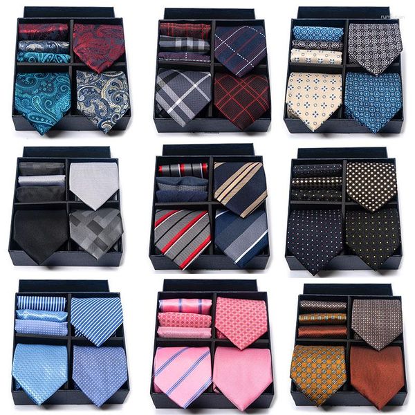 Bow Binds 38 Style High-End 8 cm gestreifte Männer Hanky-Sets mit Geschenkbox Polyester Business Hochzeitsanzug Taschenquadrat Hals Krawatte