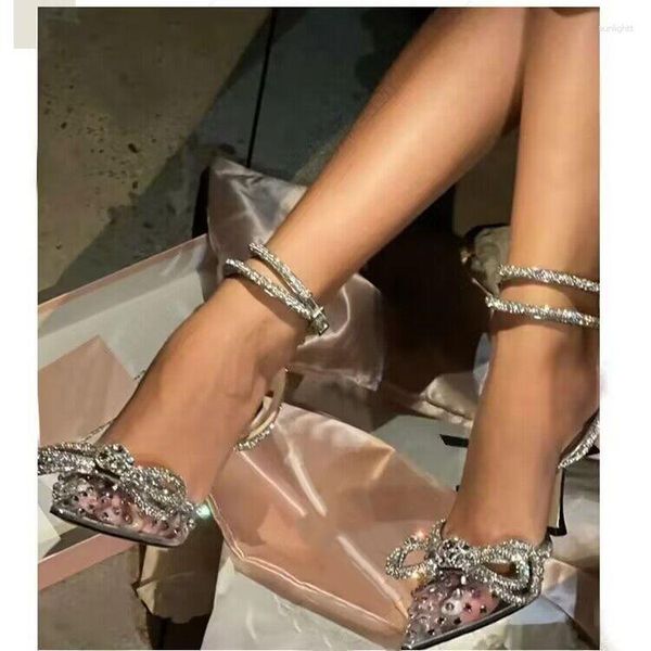 Vestido Sapatos 2023 Sumorn Rhinestones Sandals Sandals bombas Bombas transparentes Crystal Bowknot Ladies Party Prom Plus Tamanho 42