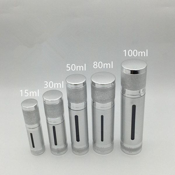 Bottiglia di lozione per pompa a vuoto airless argento con contenitori cosmetici con tappo bianco 15 ml 30 ml 50 ml 80 ml 100 ml F515 Iwfsk Vcvus