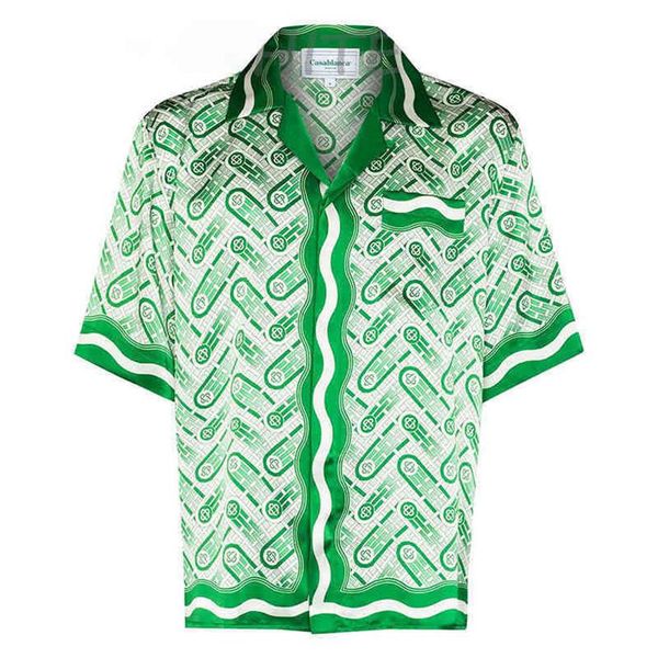 Casablanca Ping Pong Классические мужские рубашки Prairie Green Print Unisex Британская британская шелковая рубашка с коротким рукавом дизайнер Tees fomen Loo272V