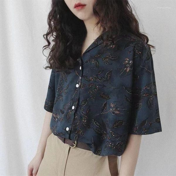 Herrenpullover Vintage Shirt Dunkelblau Blumendruck schick losen Kurzarm T-Shirts Mode Frauenkleidung elegant 2023 Sommer