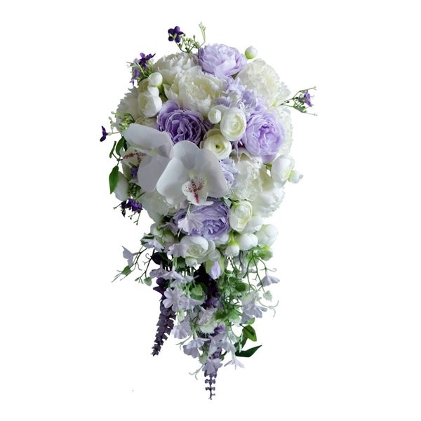 Kurutulmuş Çiçekler Su Damla Stili Gelin Buket Avrupa Düğün Yapay Beyaz Mor Çiçek Lavanta Şelaleleri Yeşil 230818