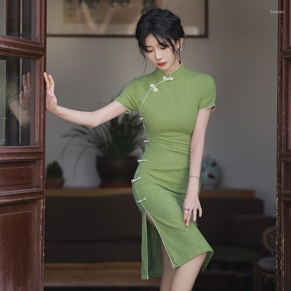 Roupas étnicas chinês cheongsams for women trajes de verão vestido curto verde melhorado pequeno estilo jovem primavera vestidos de cor sólida qipao