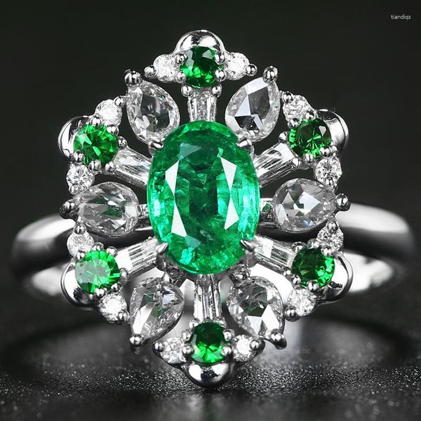 Anelli a grappolo Ruzzallati Vintage Zambian Lab Emerald Stone Wedding Band Ring Color Silver Antique per donne Accessori retrò