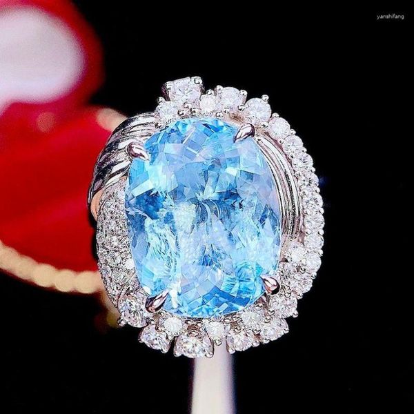 Anelli a grappolo Hjy Aquamarine Ring Gioielli raffinati Pure Oro 18K naturale pietre preziose blu da 4,86 ​​ct per donne regali di compleanno