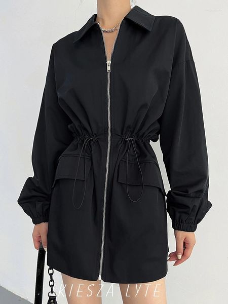 Trench femminili Trendy High Street 2023 Fashion European and American in stile American Sporty Long Coat per donne Black Jackets