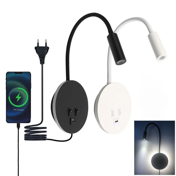 Araques de parede de cabeceira topoch dupla luz de lâmpada de lâmpada 7W com luz de leitura flexível 3W LED trabalhando independentemente idéias de iluminação branca/preta USB Charger 5V 2.1a