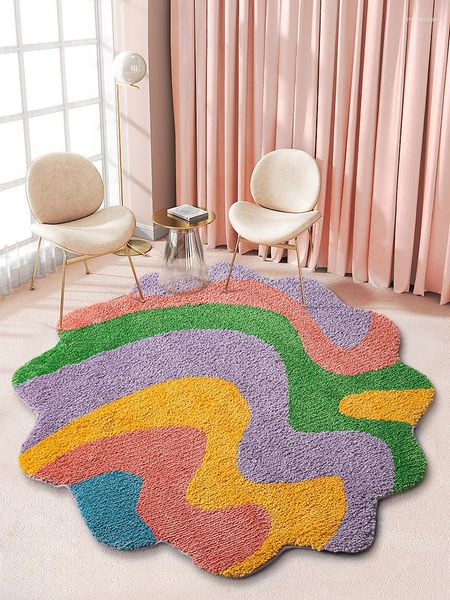 Teppiche rund y2k Groovy abstrakter Tufteteppich für Wohnzimmer Mädchen Schlafzimmer Fluffy Plush Coloful Badezimmer Bodenmatte