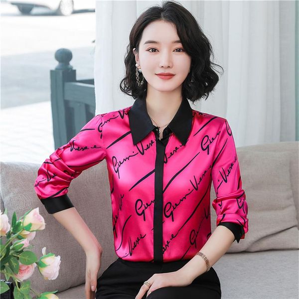 Camicie in seta rosa stampato di moda a maniche lunghe 2023 Designer di passerella abbuccante di camicette di raso da ufficio casual
