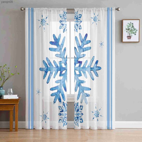 Tende natalizie blu fiocchi di neve soggiorno trasparente finestra in tulle tende camera da letto decorazione velo tende da tende da tende da vello hkd230821