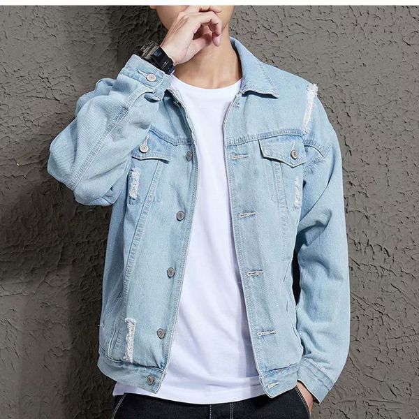 Männer Jacken zerrissene Denimjacke eng Retro Distelte Wasser Wash Klassiker Taschenmantel Frühling Herbst 230821