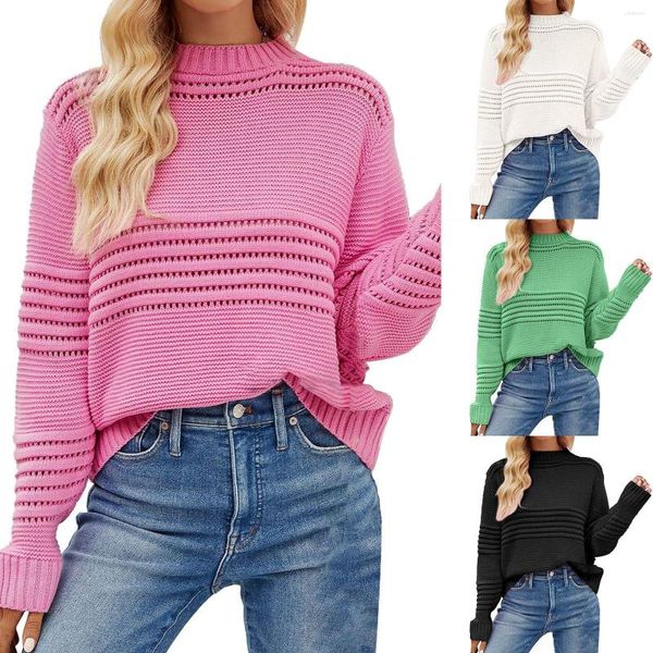 Suéteres femininos de cor de cor de cor de cor sólida Crew sweater Stripe malha de papel de moda de papel