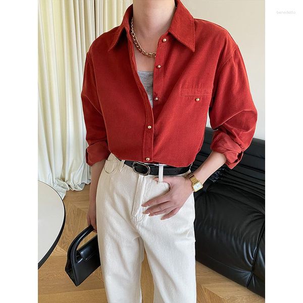 Frauenblusen Herbst Cord Cord Gold Button Down Hemden rotes Grün Layup Design Lose Bottom Shirt