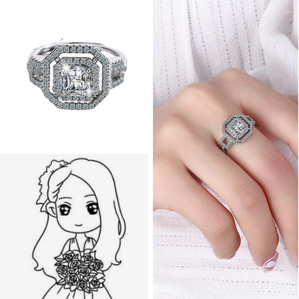 Clusterringe eleganter Kristallquadrat Ring für Lady Bride Hochzeitszubehör Fingerschmuck Frauen Silber 925 mit Steinen Vorschlag