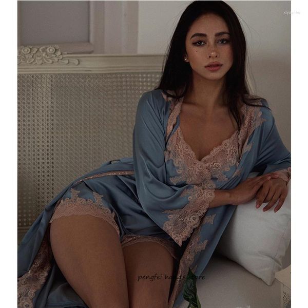 Kadın pijama pijamaları yaz bornoz seti Saten İpek Kadınlar için Silk Lounge Wear Kimono Robe Elbise Seksi Dantel Patchwork