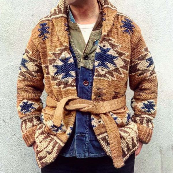 Kadınların Sweaters Erkek Kazak Palto Kış Kalın Örgü Sıcak Ceketler Retro Geometrik Desen Kemer Örgü Hırdi Erkekler Sonbahar Jakquard Sweatercoat 230821