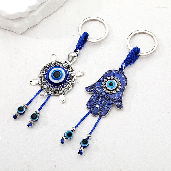 Keychains Blau Evil Eye Hamsa Hand Tier Schlüsselbund Schlüsselring für Frauen Männer Zirkon Schildkröte türkisch glückliche Fatima Bag Car Schmuck