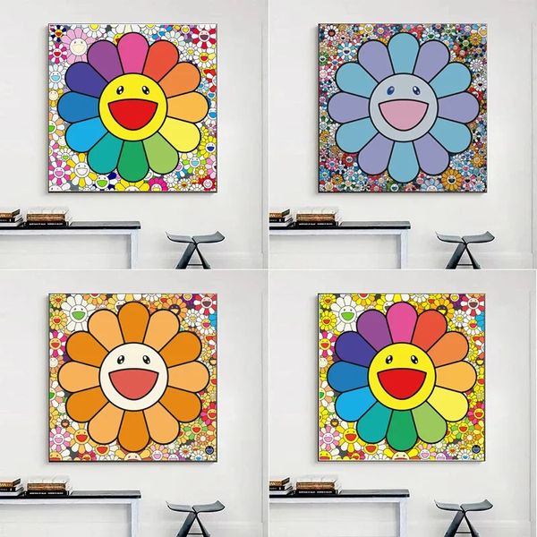 Leinwand Malerei Kreativität bunte gelbe rote lächelnde Gesicht Sonnenblumenplakate und Drucke Wandkunst Bild für Schlafzimmer Wohnzimmer Wohnkultur ohne Rahmen wo6